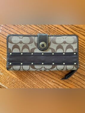 Coach Signature Striped Studded Accordion Zip Wallet